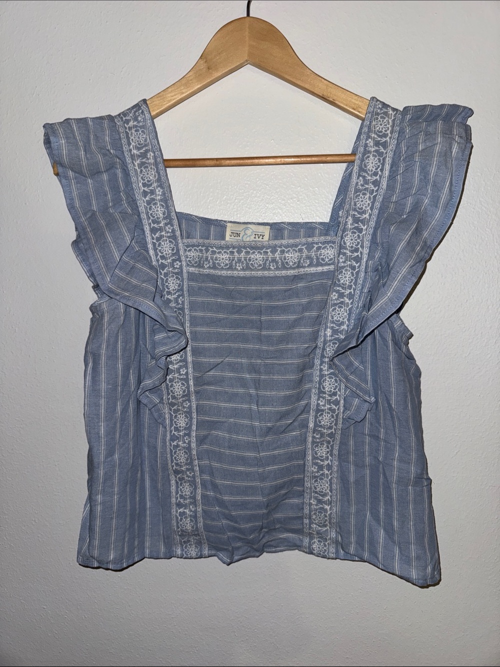 Sun & Ivy Blue Stripe Embroidered Ruffle Camisole